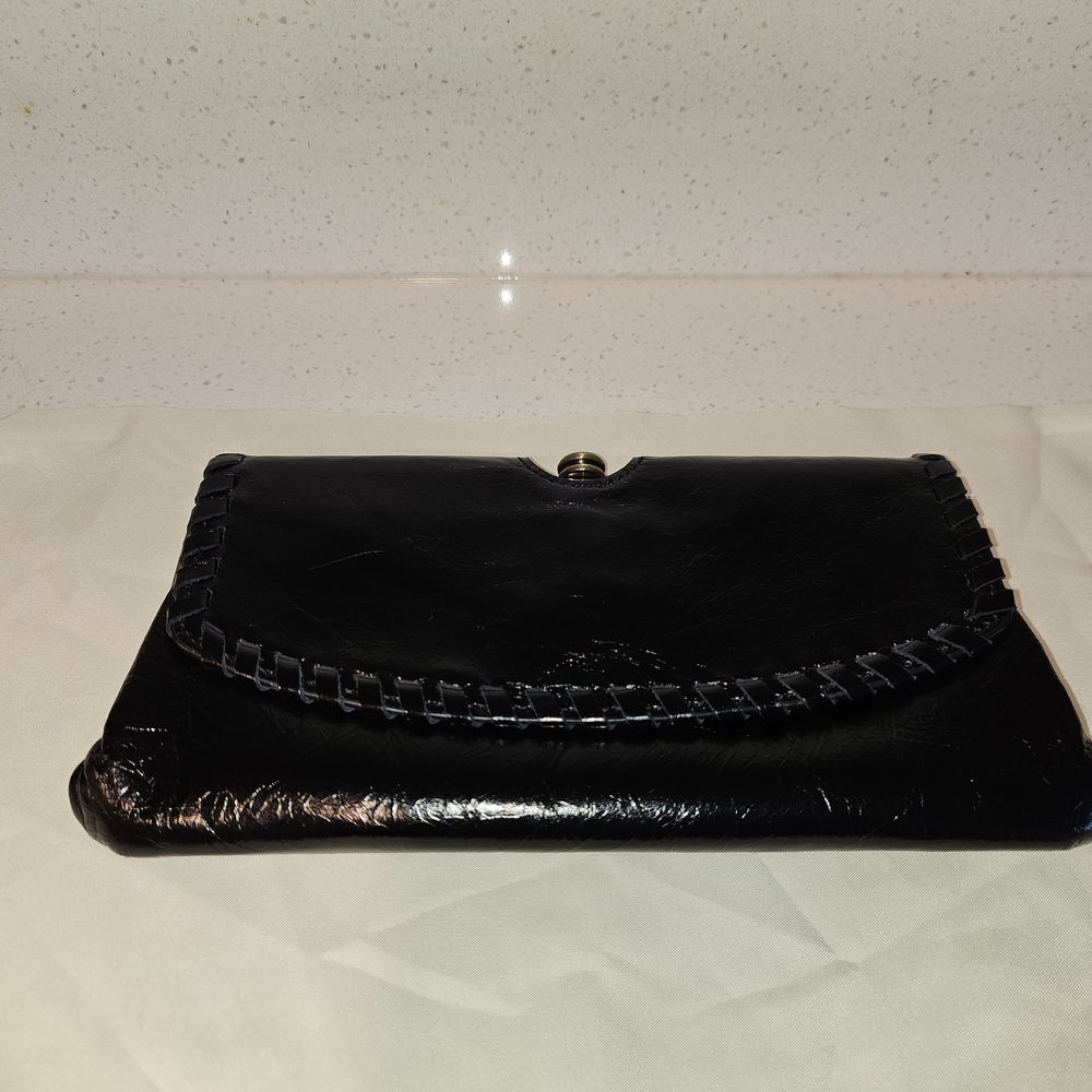 HOBO Black Leather Clutch with Woven Trim